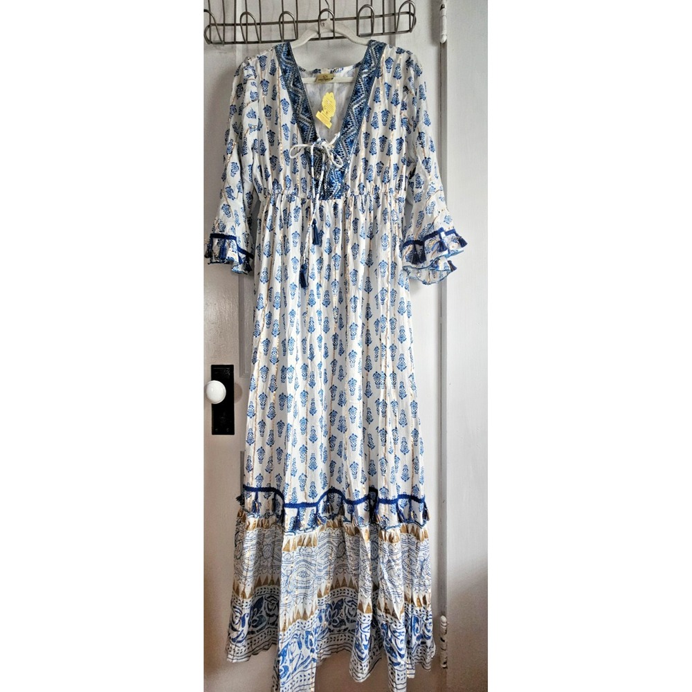 NWT Indian Emporium size free tassels sequined neck maxi dress golden thread‎